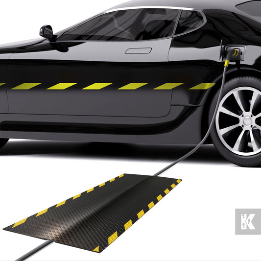 Kleen-Cable Mat EV - Sporty black car on a white background, a rubber mat hides the charger cable, reducing the trip hazard