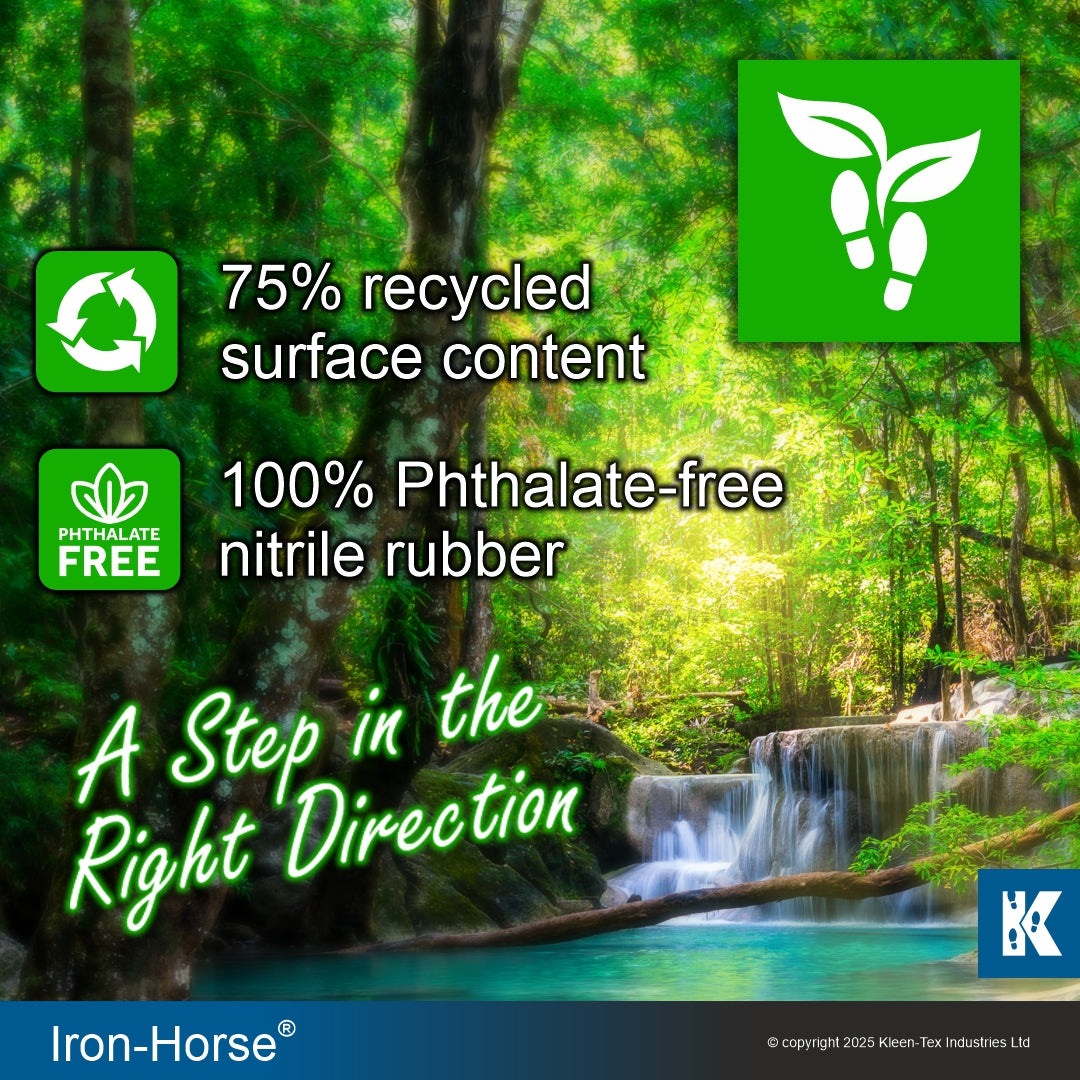 Forest scene with waterfalls and environmental certification logos, text about recycled content and phthalate-free rubber, Iron-Horse brand visible.